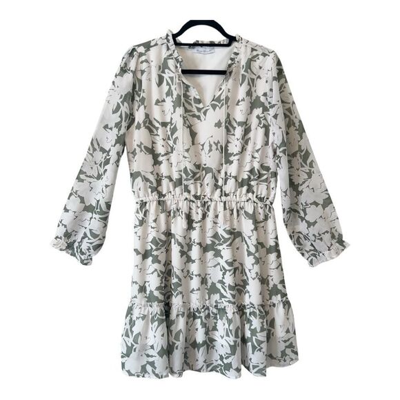 Keren Hart Womens Cream Olive Green Floral Print Long Sleeve Ruffle Dress Medium - Picture 1 of 10